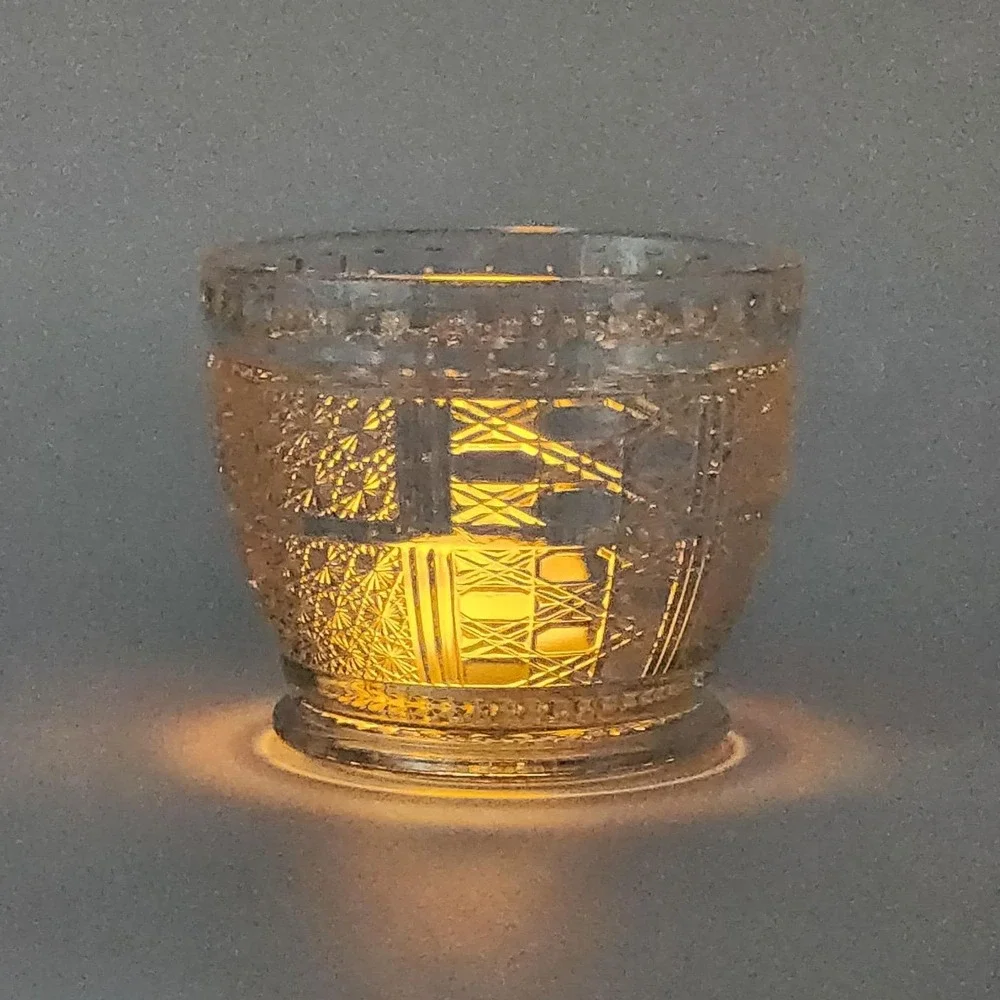 Vintage KIG Clear Pressed Glass Starburst & Geometric Panel Votive Candle Holder